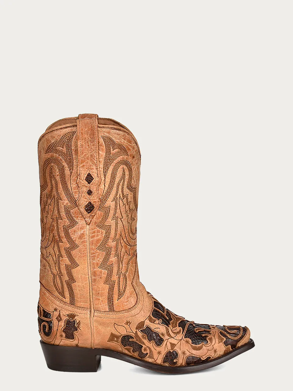 A4335 - MEN'S CHOCOLATE ALLIGATOR INLAY AND EMBROIDERY  SNIP TOE SAND COWBOY BOOT