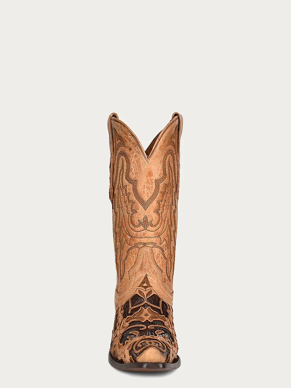 A4335 - MEN'S CHOCOLATE ALLIGATOR INLAY AND EMBROIDERY  SNIP TOE SAND COWBOY BOOT