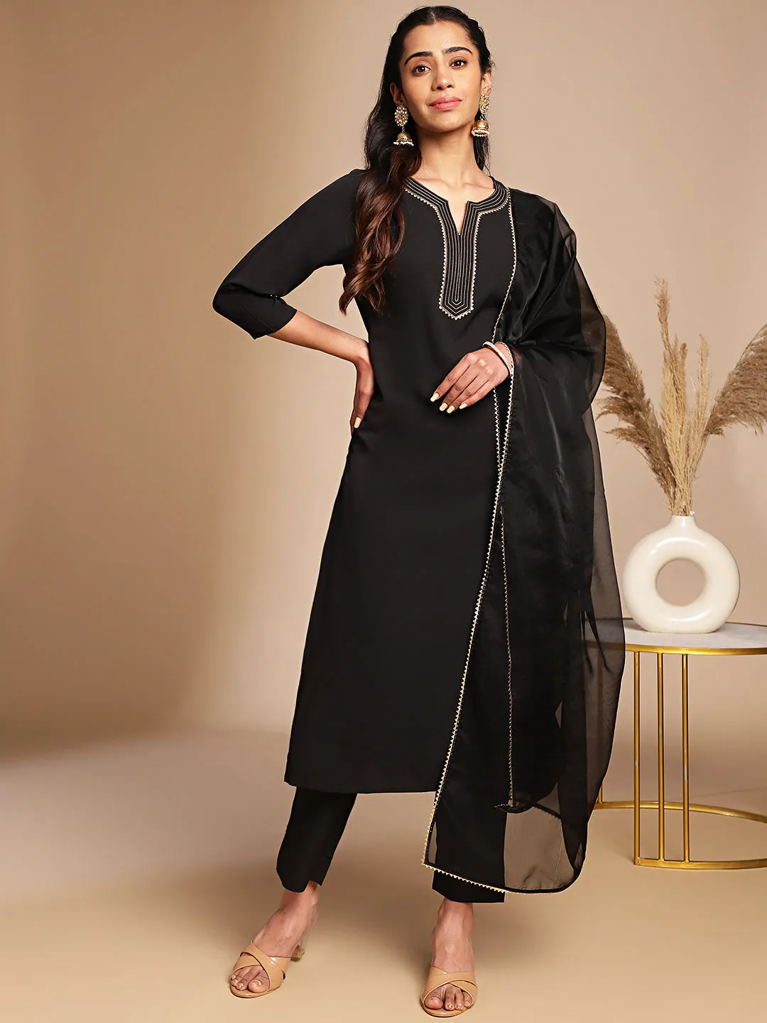 Black Crepe Yoke Design Straight Kurta Set