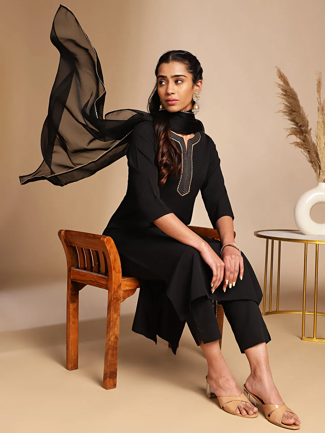 Black Crepe Yoke Design Straight Kurta Set