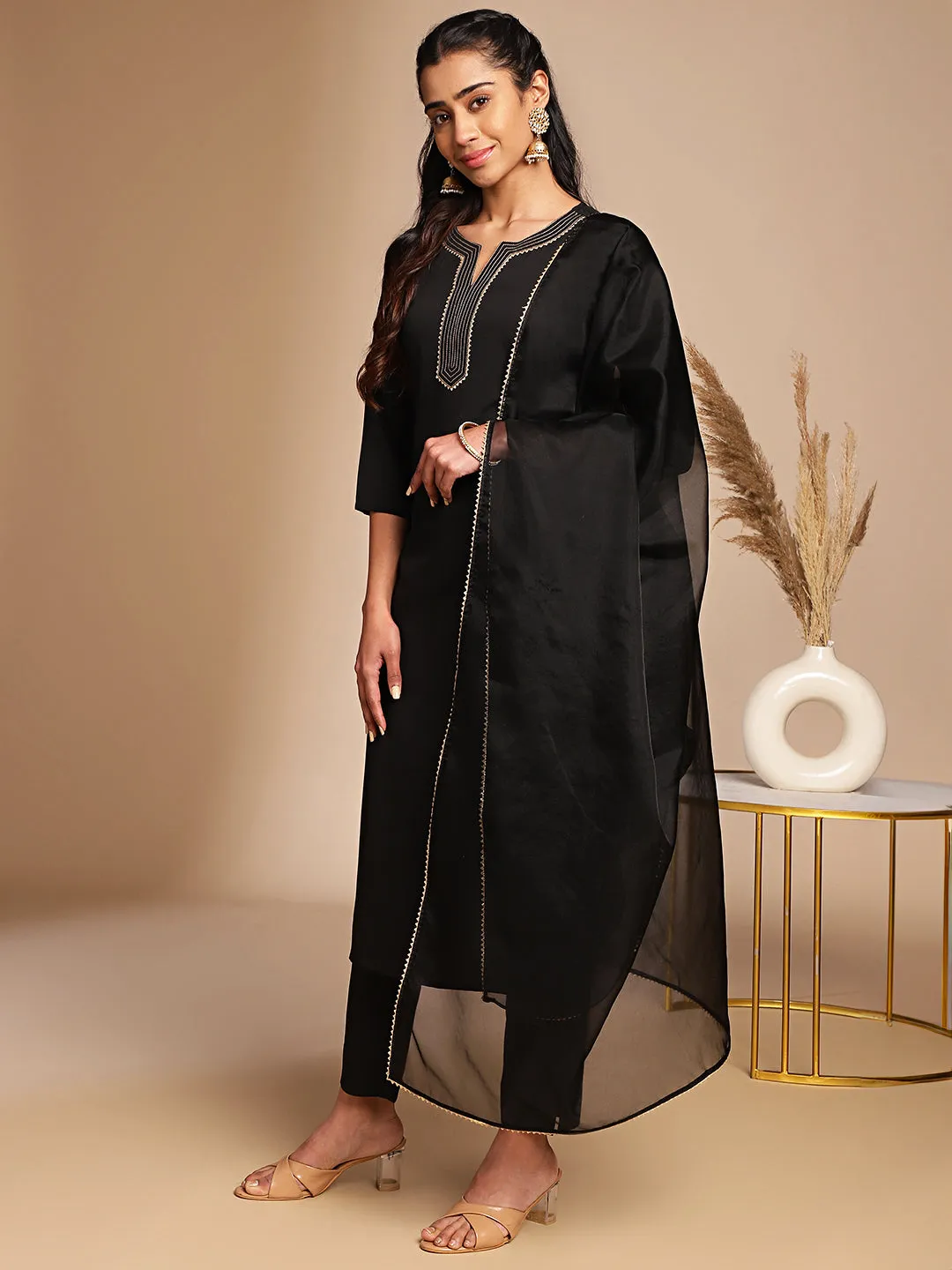 Black Crepe Yoke Design Straight Kurta Set