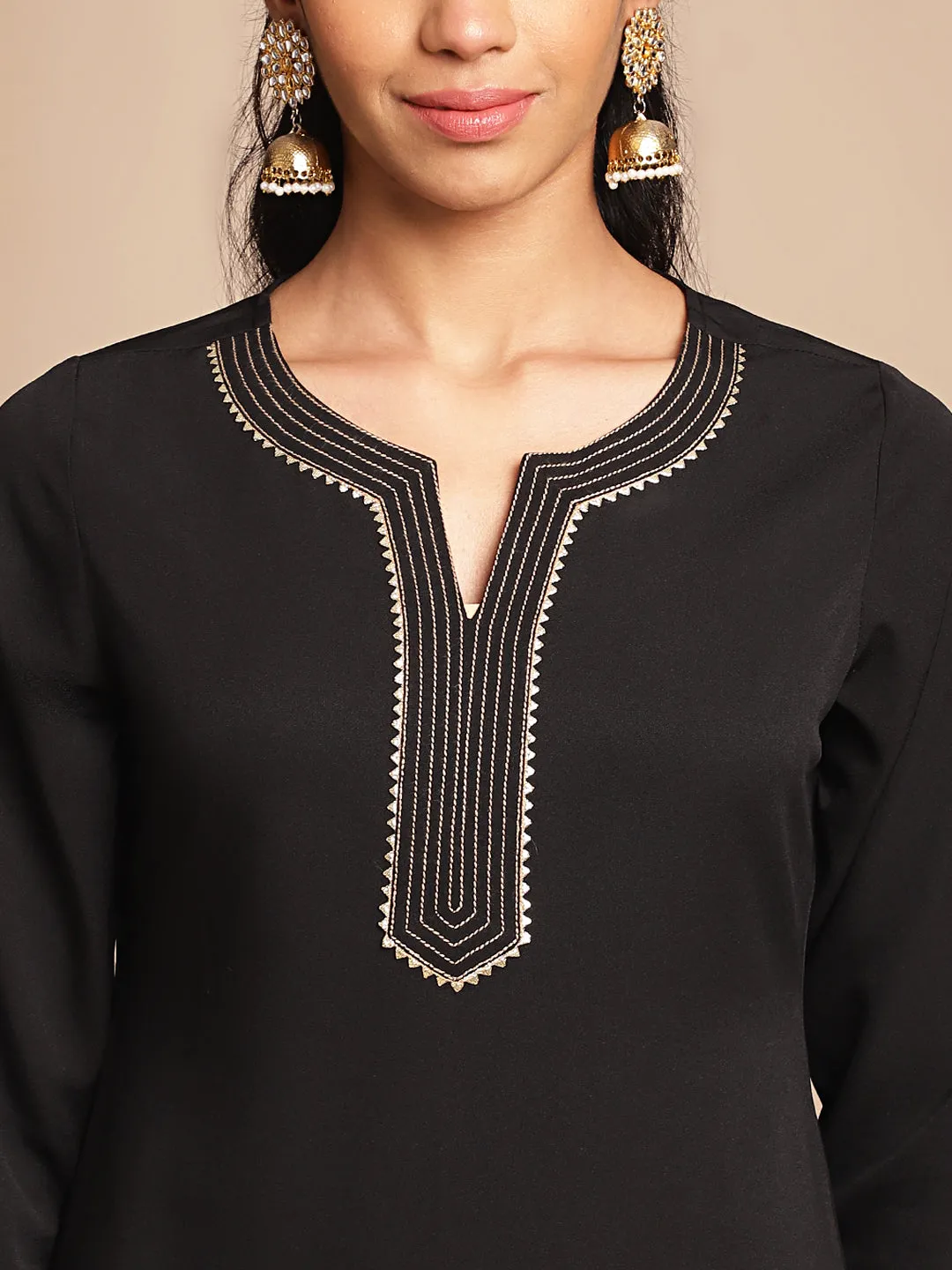 Black Crepe Yoke Design Straight Kurta Set