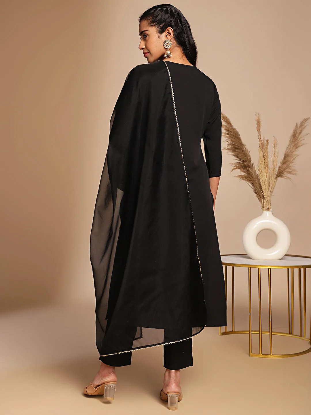 Black Crepe Yoke Design Straight Kurta Set