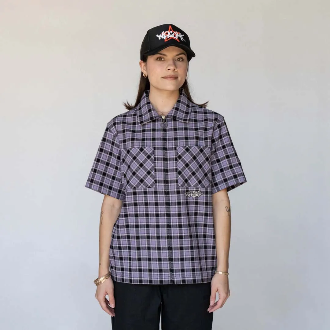 Cell Woven Plaid Zip Shirt - Lavender Grey