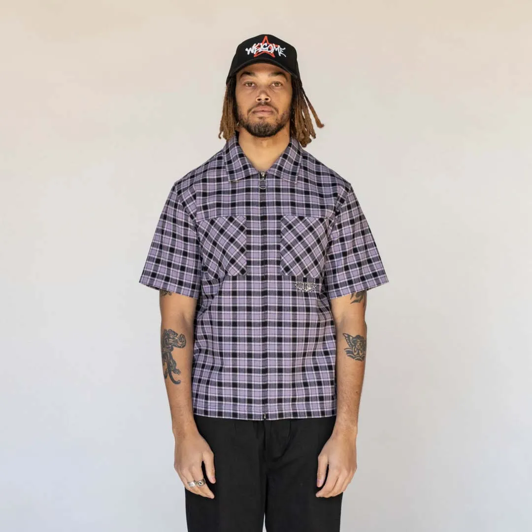 Cell Woven Plaid Zip Shirt - Lavender Grey