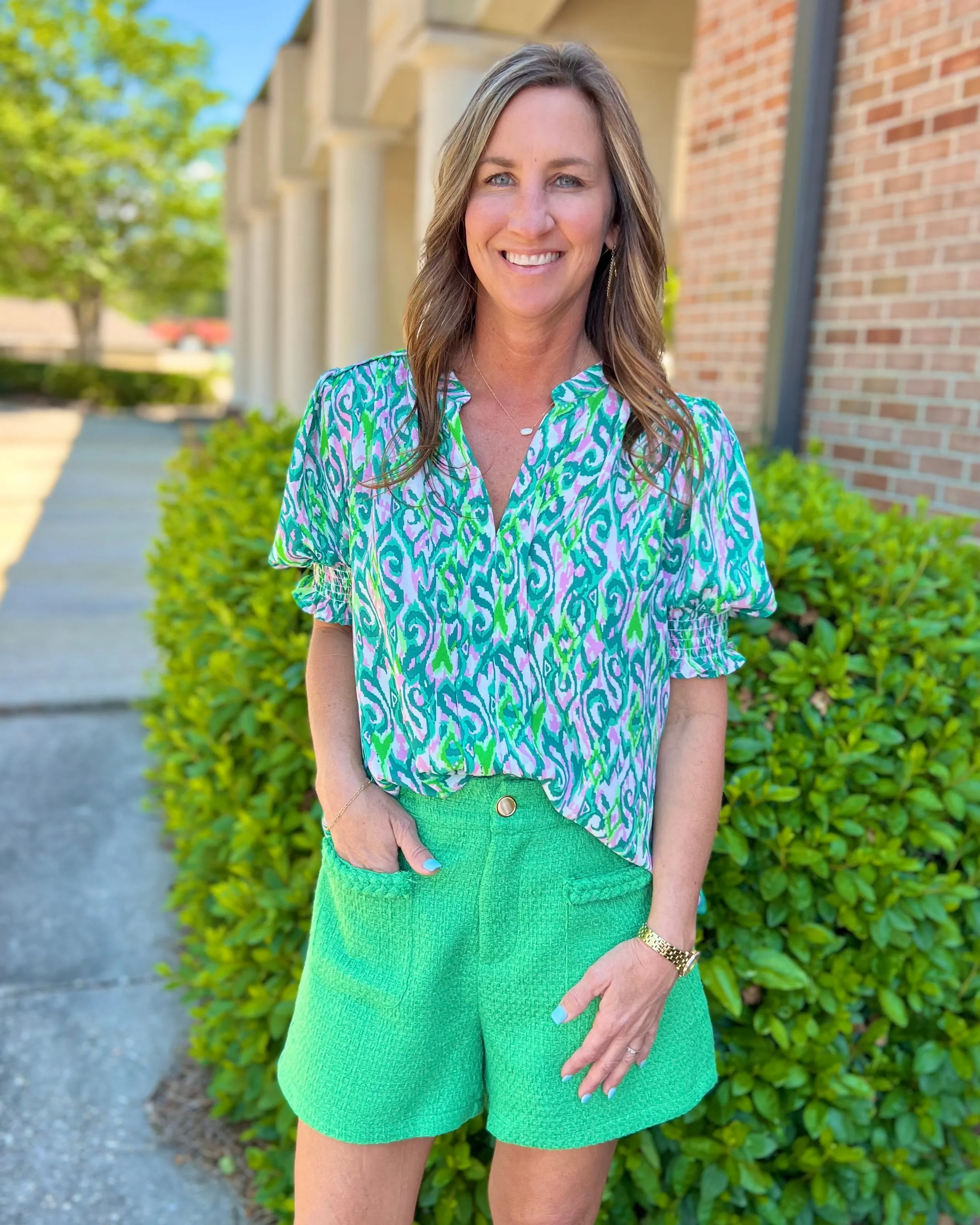 Find My Wings Green Tweed High Waist Gold Button Shorts