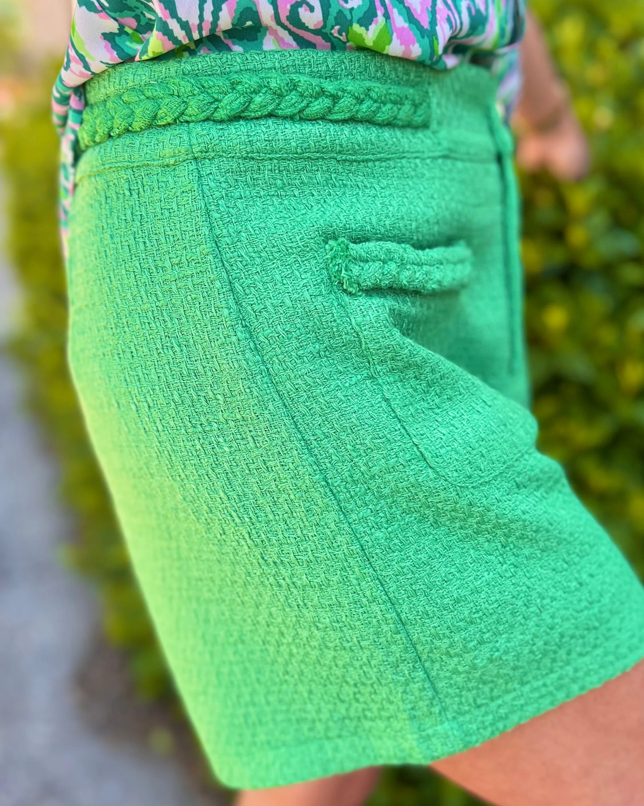 Find My Wings Green Tweed High Waist Gold Button Shorts