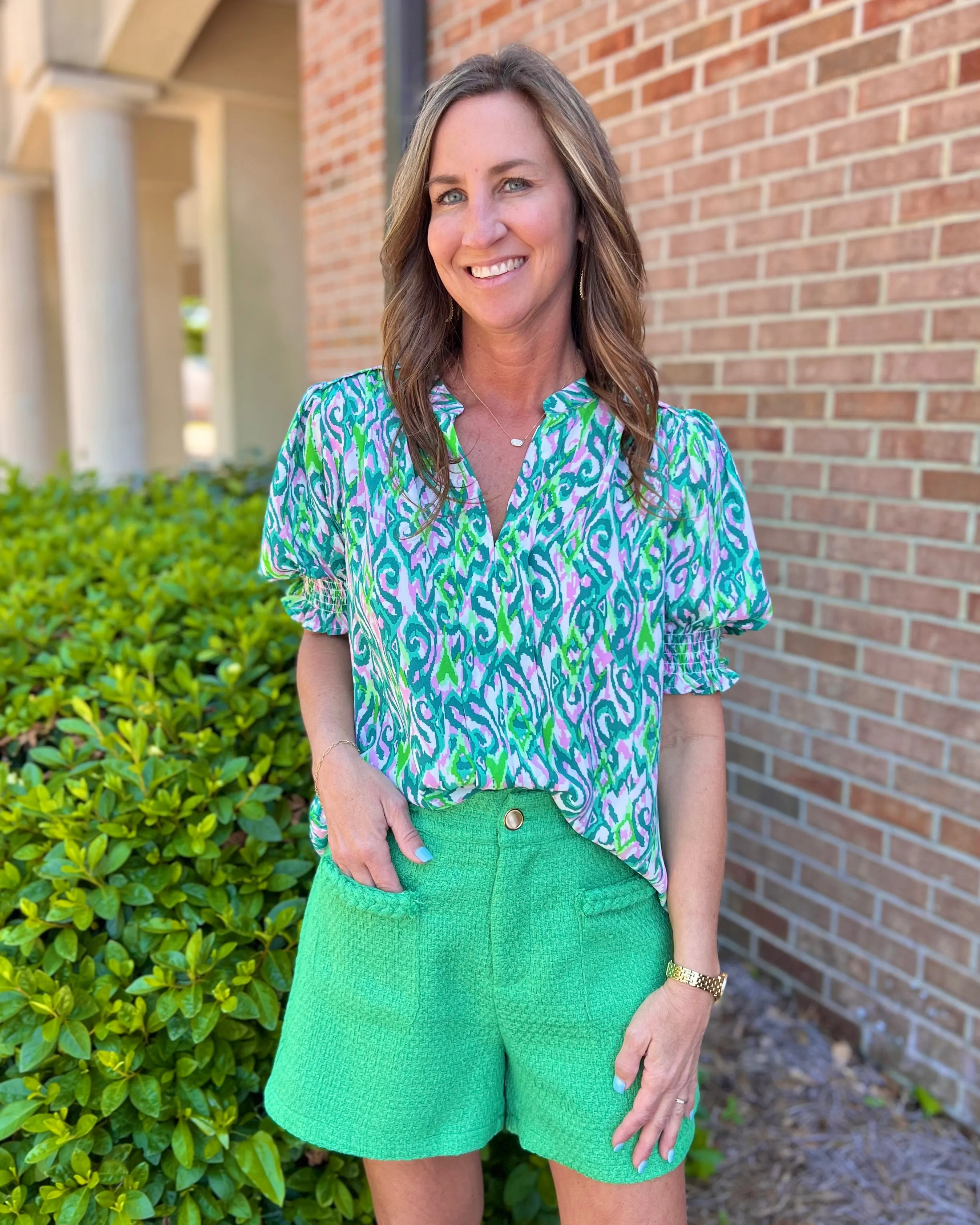 Find My Wings Green Tweed High Waist Gold Button Shorts