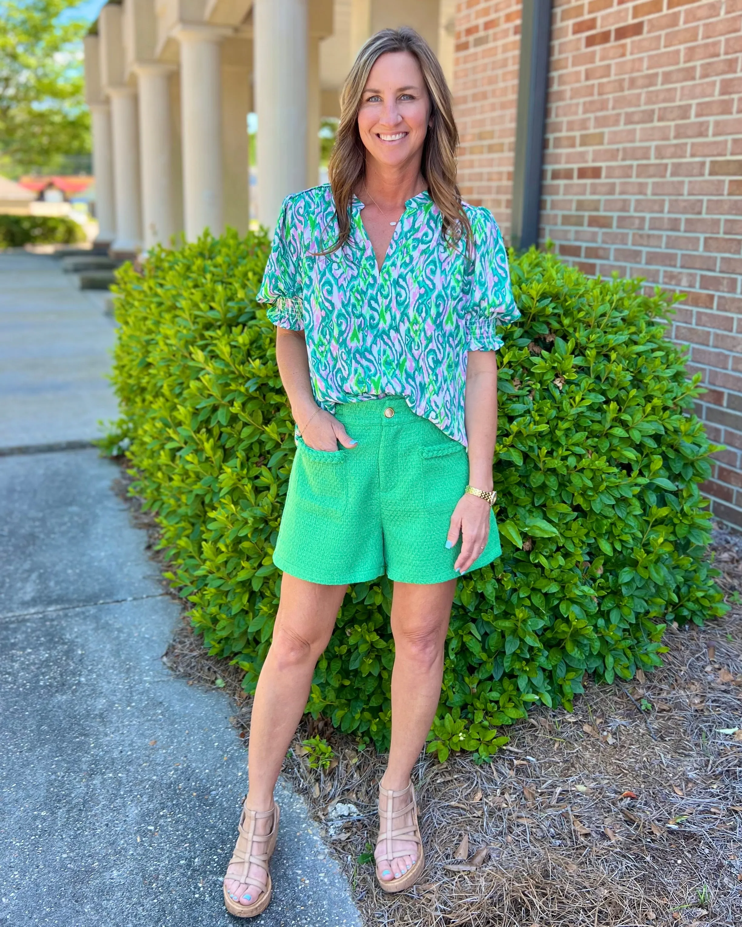 Find My Wings Green Tweed High Waist Gold Button Shorts