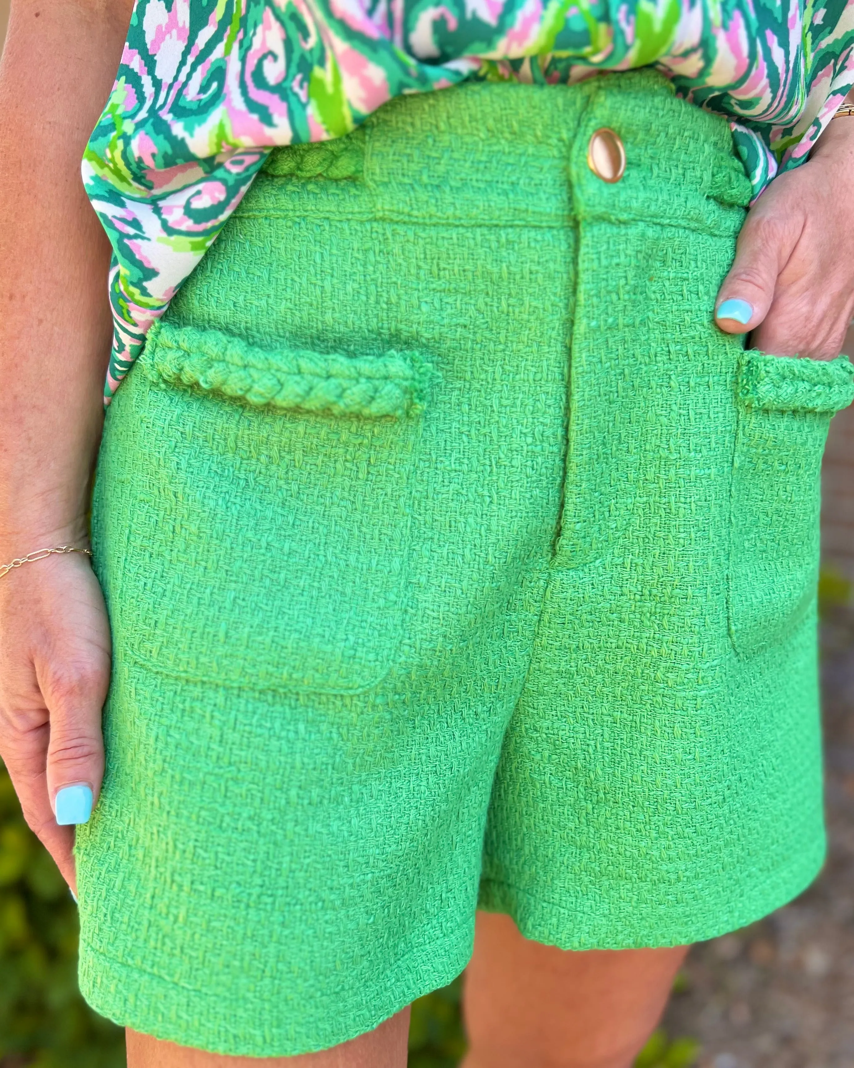 Find My Wings Green Tweed High Waist Gold Button Shorts