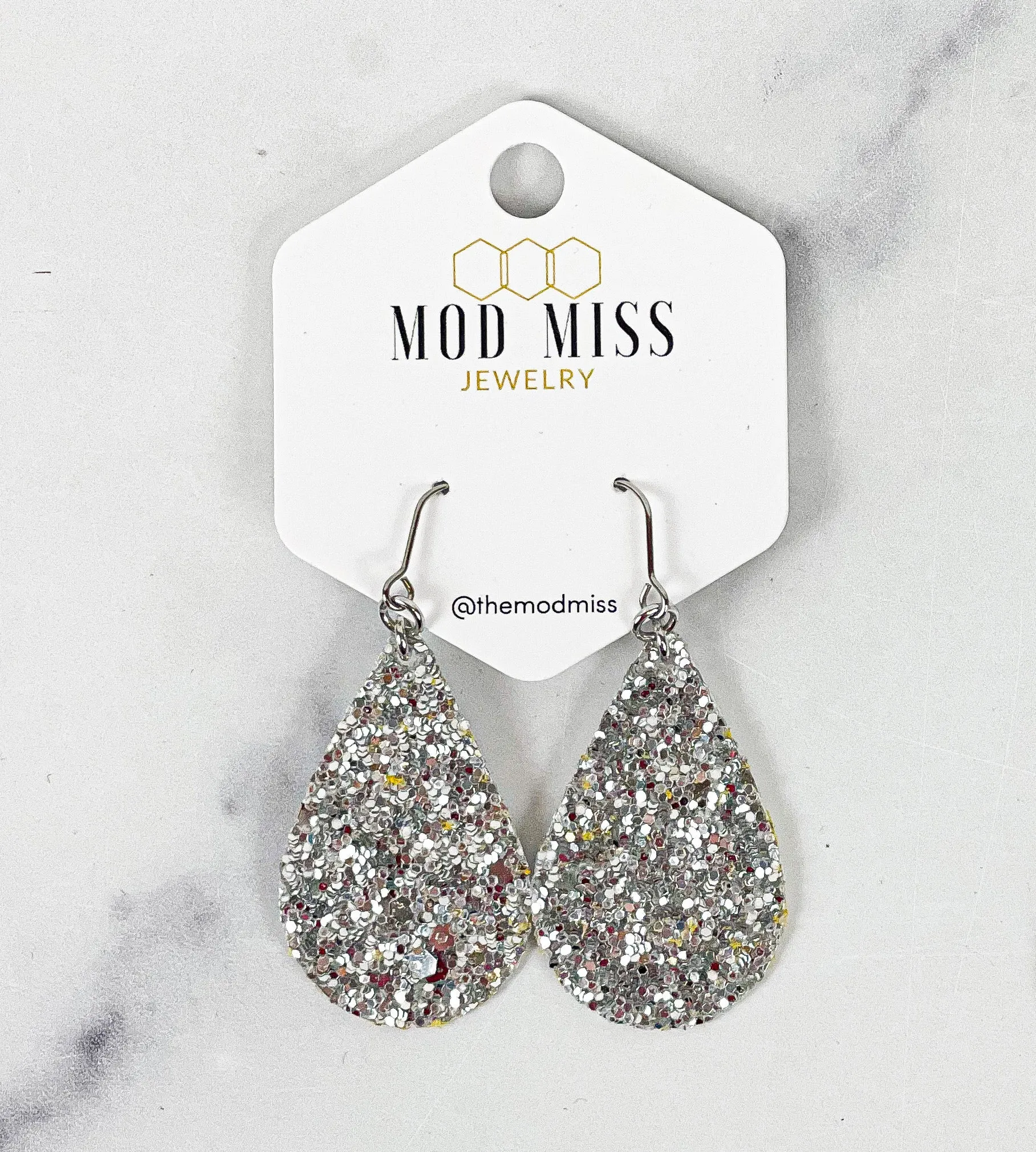 Leather Canvas Teardrop Earring Glitter Silver