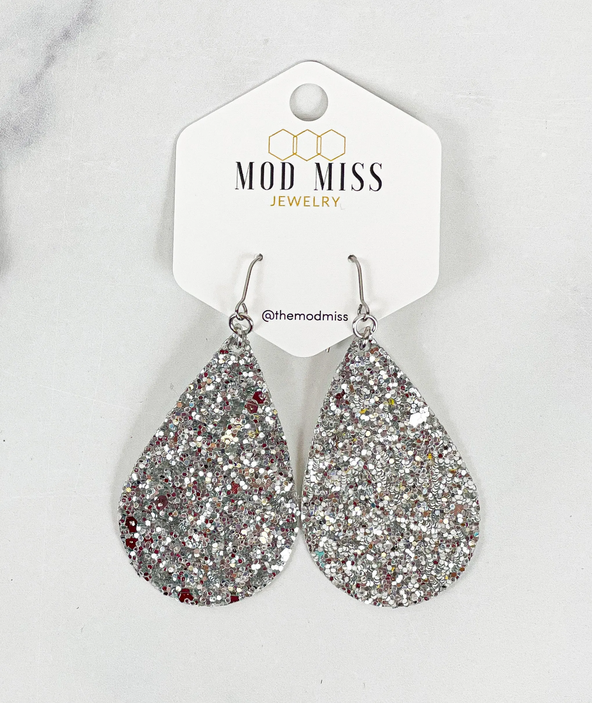 Leather Canvas Teardrop Earring Glitter Silver