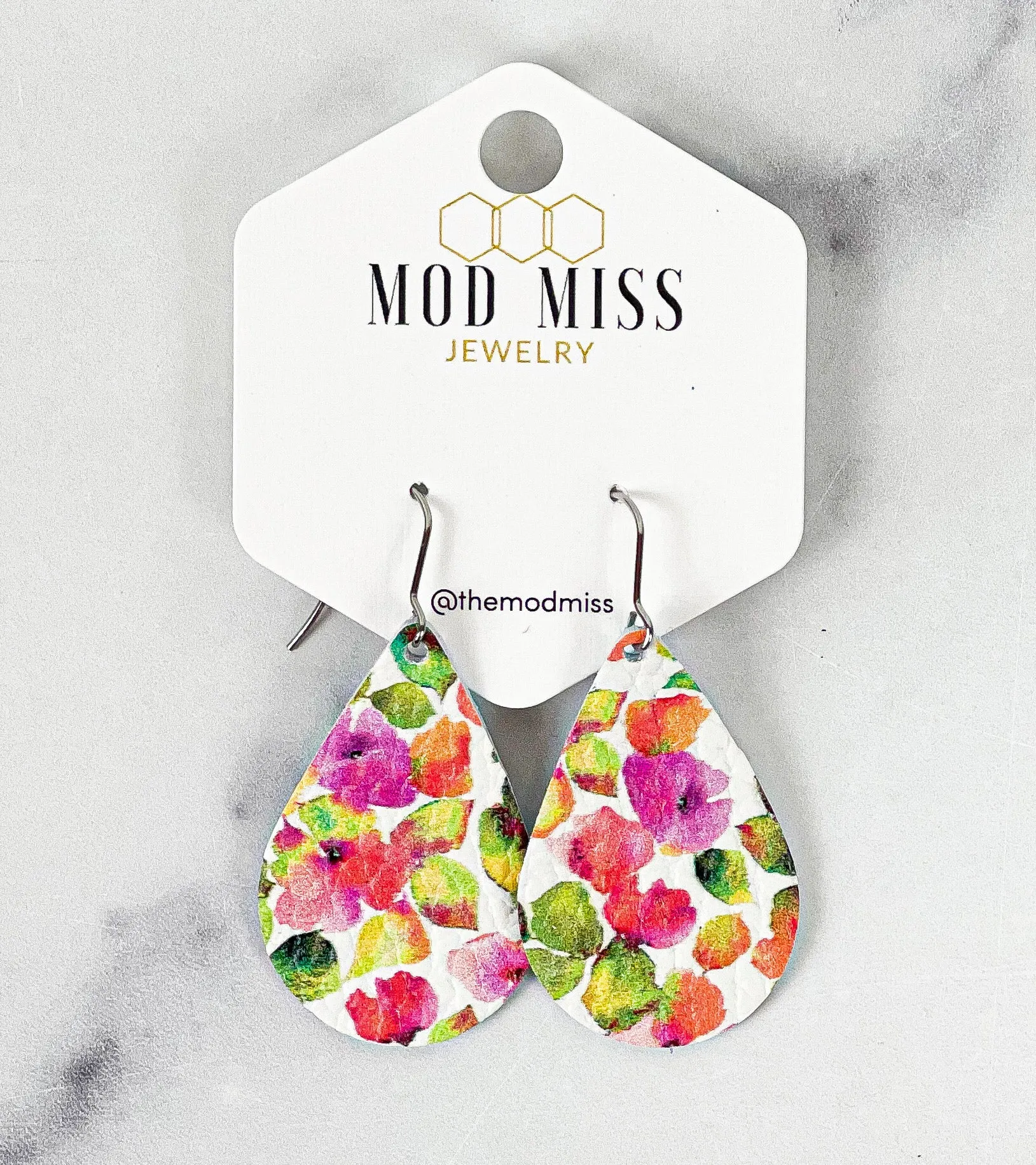Leather Teardrop Earring Painted Spring